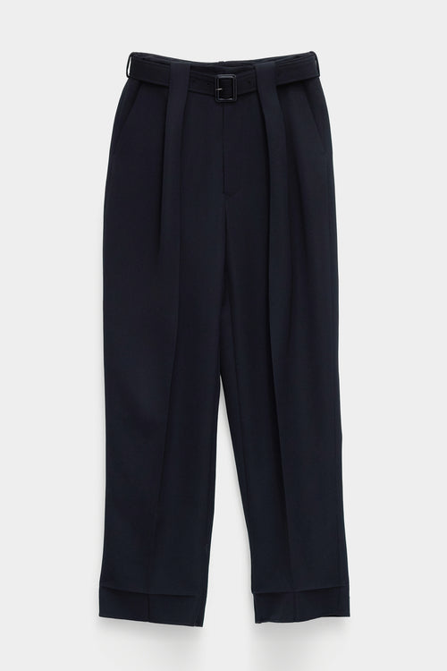BELTED TAILORED TROUSERS in black wool gabardine