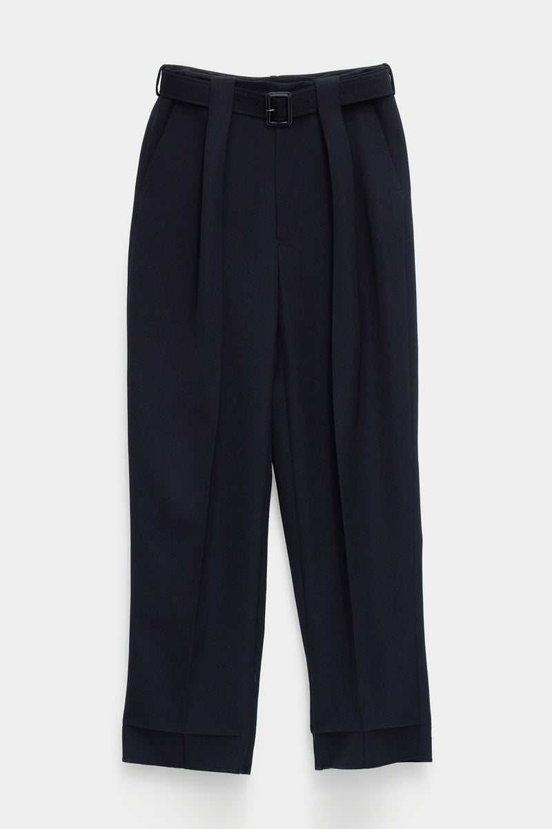 BELTED TAILORED TROUSERS in black wool gabardine